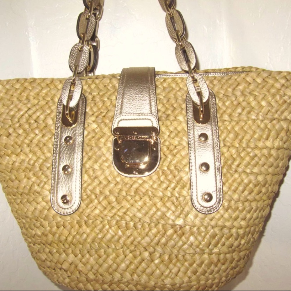 Michael Kors Large Santorini Straw Tote with Gold Accents ~ NEW